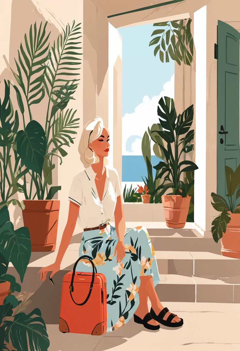 there is a woman sitting on a porch with a suitcase, in style of digital illustration, illustration style, flat illustration, stylized digital illustration, digital illustration -, trend on behance illustration, #illustration, colorfull illustration, editorial illustration colorful, cartoon style illustration, magazine illustration, colorful illustration, dreamy illustration, lo-fi illustration style, editorial illustration