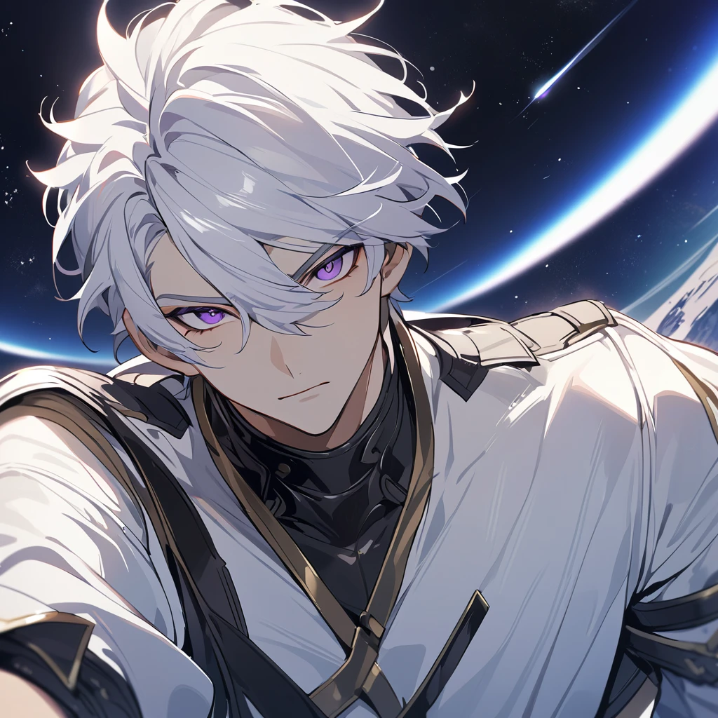 High quality, HD, 4k, no shadows, handsome male, 1male, 17 years old, teenager, golden lining, short white hair, sharp eyes, dark purple eyes, deep purple eyes, devil may cry, close up, calm expression, stoic expression, black leather clothes, white leather clothing, lean body, well trained body, upper body, looking at viewer, cowboy shot, white solar, space background