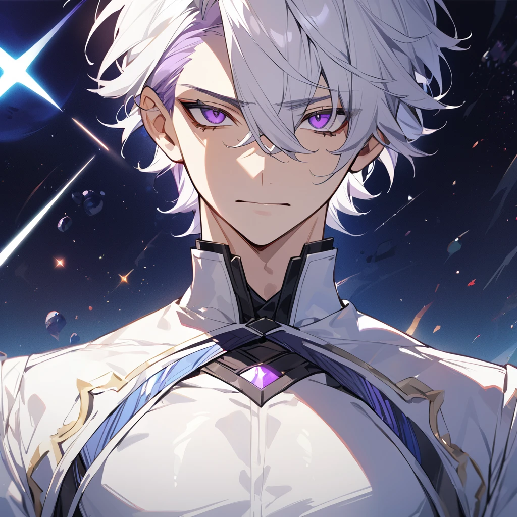 High quality, HD, 4k, no shadows, handsome male, 1male, 17 years old, teenager, golden lining, short white hair, sharp eyes, dark purple eyes, deep purple eyes, devil may cry, close up, calm expression, stoic expression, black leather clothes, white leather clothing, lean body, well trained body, upper body, looking at viewer, cowboy shot, white solar, space background