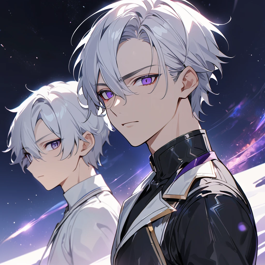 High quality, HD, 4k, no shadows, handsome male, 1male, 17 years old, teenager, golden lining, short white hair, sharp eyes, dark purple eyes, deep purple eyes, devil may cry, close up, calm expression, stoic expression, black leather clothes, white leather clothing, lean body, well trained body, upper body, looking at viewer, cowboy shot, white solar, space background