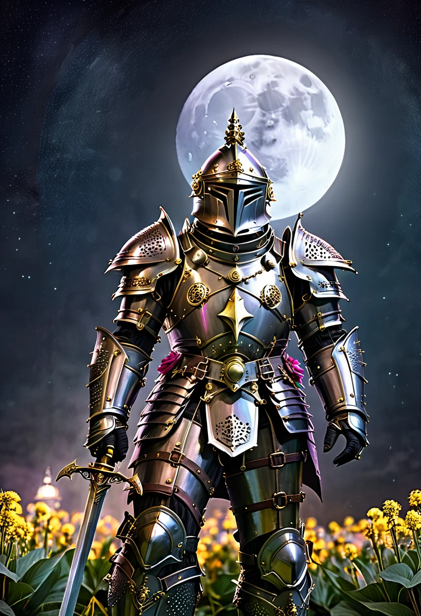 A medium quality digital artwork of the first knights, Flowers for the Faded, Moonchild, Punked Steam. Medieval, mystical, steampunk, fantasy, ancient, knightly, flowers, moon, punk, machinery, vintage style, magical, whimsical, moonlight, armor, ethereal, dark fantasy, detailed, digital painting, 4k.