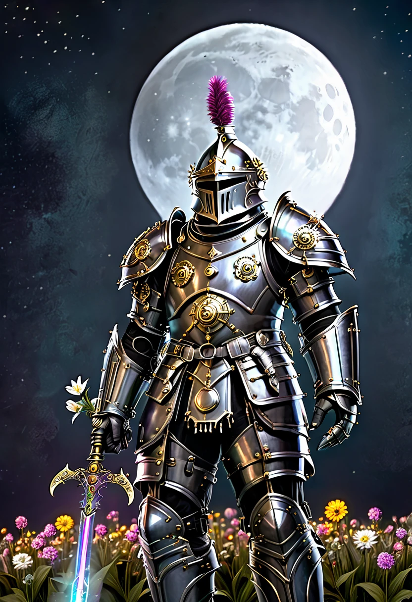 A medium quality digital artwork of the first knights, Flowers for the Faded, Moonchild, Punked Steam. Medieval, mystical, steampunk, fantasy, ancient, knightly, flowers, moon, punk, machinery, vintage style, magical, whimsical, moonlight, armor, ethereal, dark fantasy, detailed, digital painting, 4k.