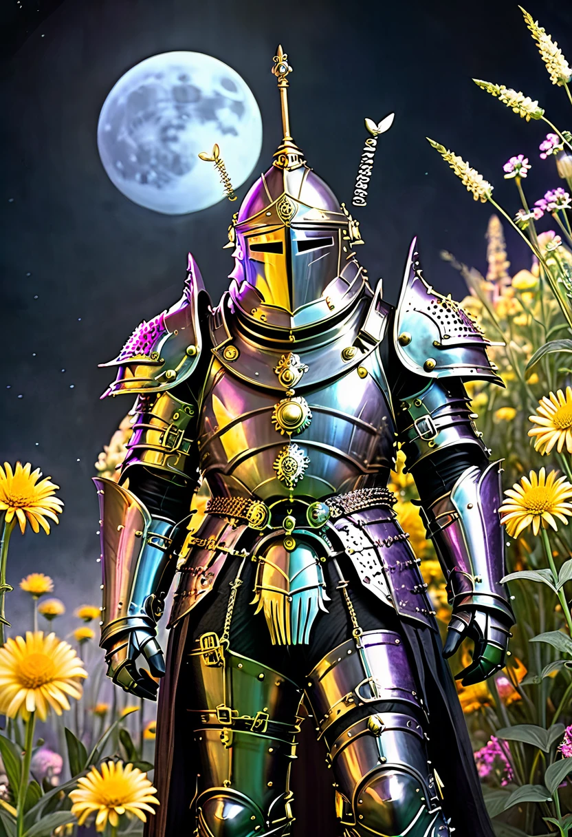 A medium quality digital artwork of the first knights, Flowers for the Faded, Moonchild, Punked Steam. Medieval, mystical, steampunk, fantasy, ancient, knightly, flowers, moon, punk, machinery, vintage style, magical, whimsical, moonlight, armor, ethereal, dark fantasy, detailed, digital painting, 4k.