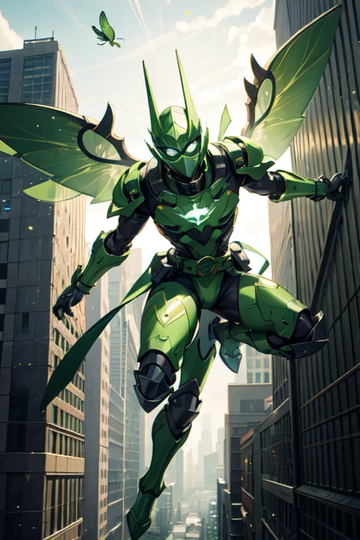 ((best quality)), ((masterpiece)), (detailed), 1 male, full body, 25 years old, masked, lemon green mask covering his entire head, smooth head, mask covering his mouth, 1 small crest on his head, oxygen mask, gas mask, angry expression, black collar, tall and strong, very athletic, green fly wings, grey details, green fingerless gloves, green wrist guards, lemon green nanotech suit resembling light armor, lemon green chest with an emblem, orange fly emblem on his chest, fly, green pants, green knee pads, metallic green boots, orange superhero belt, flying around a building, city background, anime