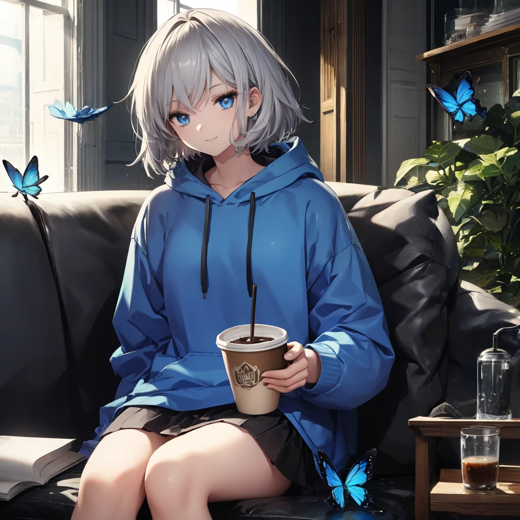 (((1 person　Gray Hair　Sit on the sofa　blue eyes)))　((High resolution　short hair　hoodie　Black Skirt　Rin々Funny face))　((Close-up))　((Blue Butterfly　Asahi　Shining Aura　Catch the wind　Holding a cup　Drink coffee))　(smile　Bathed in light)　Shining Background　Shining Edge