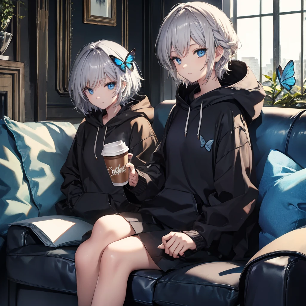 (((1 person Gray Hair Sit on the sofa blue eyes))) ((High resolution short hair hoodie Black Skirt Rin々Funny face)) ((Close-up)) ((Blue Butterfly Asahi Shining Aura Catch the wind Holding a cup Drink coffee)) (smile Bathed in light) Shining Background Shining Edge