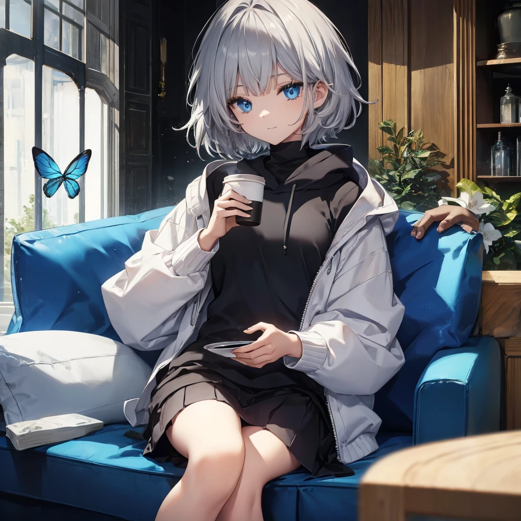 (((1 person Gray Hair Sit on the sofa blue eyes))) ((High resolution short hair hoodie Black Skirt Rin々Funny face)) ((Close-up)) ((Blue Butterfly Asahi Shining Aura Catch the wind Holding a cup Drink coffee)) (smile Bathed in light) Shining Background Shining Edge