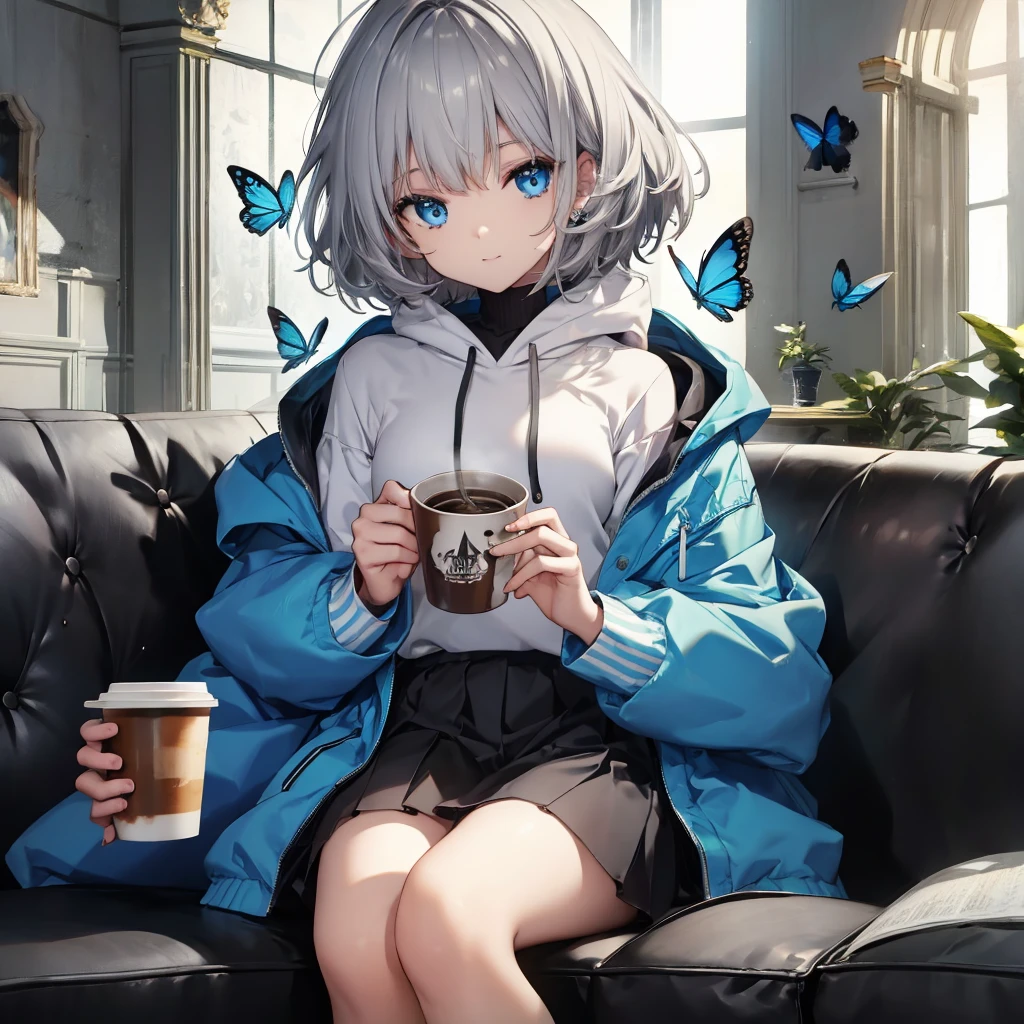 (((1 person　Gray Hair　Sit on the sofa　blue eyes)))　((High resolution　short hair　hoodie　Black Skirt　Rin々Funny face))　((Close-up))　((Blue Butterfly　Asahi　Shining Aura　Catch the wind　Holding a cup　Drink coffee))　(smile　Bathed in light)　Shining Background　Shining Edge