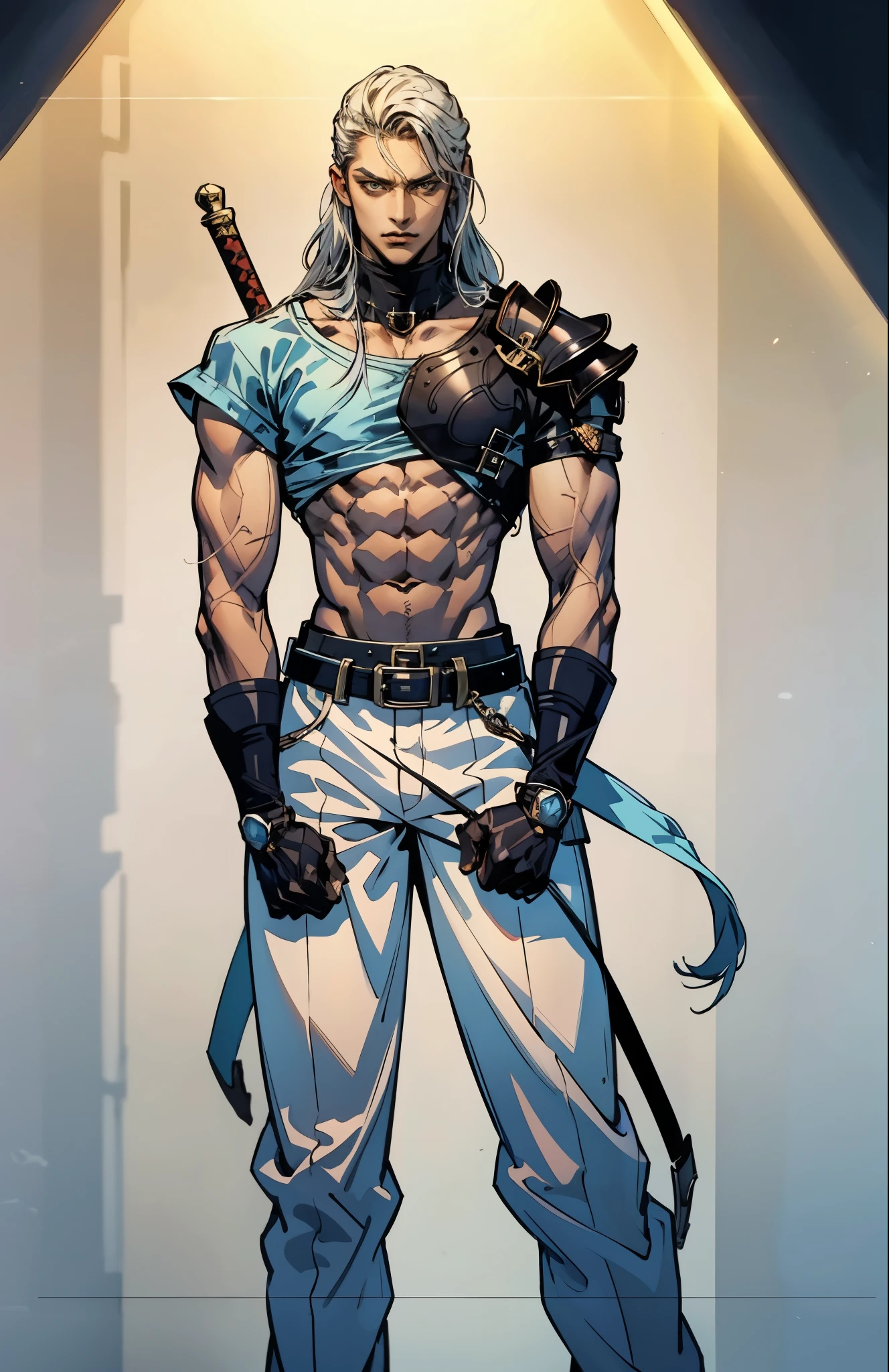 A young man with long white dreadlocks, dark skin, a melancholic expression, drooping eyelids and eyebrows, a lean face, a thin yet sturdy build, a tattered and ill-fitting light blue fantasy-style adventurer's shirt with short sleeves, revealing his abs, a silver breastplate on his left chest, a large sword is strapped to his back, a yellow belt, white coarse cloth trousers, stands nervously in a fantasy-style western town, this character embodies a finely crafted fantasy-style adventurer in anime style, exquisite and mature manga art style, dramatic, high definition, best quality, highres, ultra-detailed, ultra-fine painting, extremely delicate, professional, perfect body proportions, golden ratio, anatomically correct, symmetrical face, extremely detailed eyes and face, high quality eyes, creativity, RAW photo, UHD, 32k, Natural light, cinematic lighting, masterpiece-anatomy-perfect, masterpiece:1.5