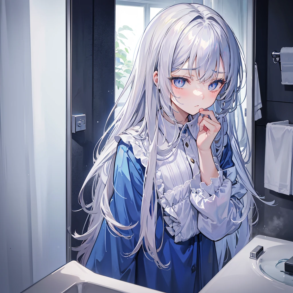 Alisa mikhailovna kujou, 1girl, Long silver hair, blue pupils, Wearing pajamas, Looking in the mirror, ((Bathroom)), A face that is still sleepy, ((wiping his eyes)) 