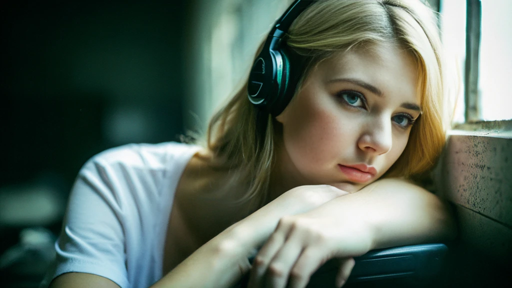 Beautiful blonde with big breasts in a black T-shirt (In a dark abandoned building, he is sitting with tears streaming down his face, his eyes covered with a black cloth.),Wearing headphones,Very detailed, 21 years old, Innocent face, Naturally Wavy Hair, blue eyes, High resolution, masterpiece, Highest quality, Intricate details, Very detailed, Clear focus, Delicate skin, practical skin texture, texture, Delicate eyes, Professional, 4K, Sad crying face, Shot with Canon, 85mm, Shallow and deep, Kodak Vision Color, Exactly, Very detailed, photograph_\(Extremist\), photographpractical, practical, Post-processing, Maximum details, Roughness, Real Life, Extremist practical, Photorealism, photographgraphy, 8K Ultra HD, photographgraphy