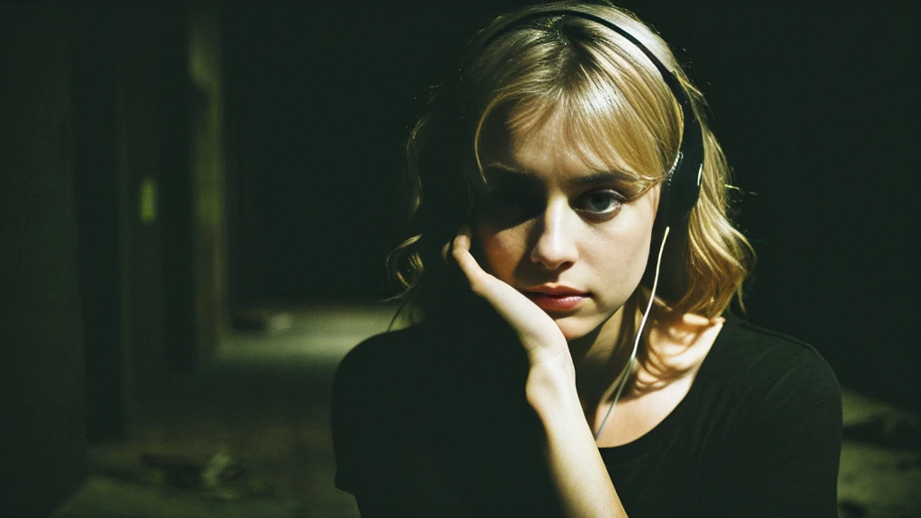 Beautiful blonde with big breasts in a black T-shirt (In a dark abandoned building, he is sitting with tears streaming down his face, his eyes covered with a black cloth.),Wearing headphones,Very detailed, 21 years old, Innocent face, Naturally Wavy Hair, blue eyes, High resolution, masterpiece, Highest quality, Intricate details, Very detailed, Clear focus, Delicate skin, practical skin texture, texture, Delicate eyes, Professional, 4K, Sad crying face, Shot with Canon, 85mm, Shallow and deep, Kodak Vision Color, Exactly, Very detailed, photograph_\(Extremist\), photographpractical, practical, Post-processing, Maximum details, Roughness, Real Life, Extremist practical, Photorealism, photographgraphy, 8K Ultra HD, photographgraphy