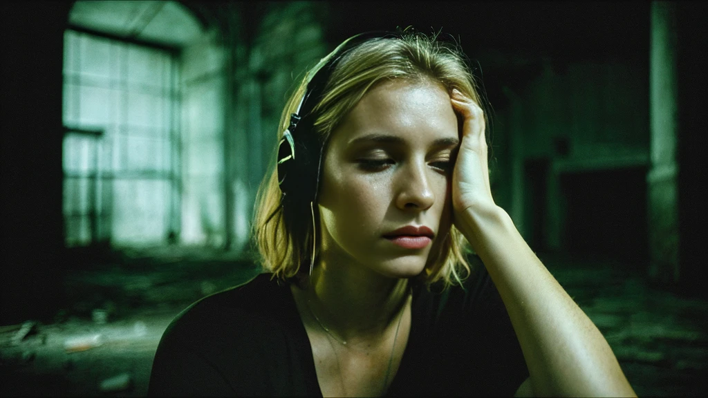 Beautiful blonde with in a black T-shirt (In a dark abandoned building, he is sitting with tears streaming down his face, his eyes covered with a black cloth.),Wearing headphones,Very detailed, 21 years old, Innocent face, Naturally Wavy Hair, blue eyes, High resolution, masterpiece, Highest quality, Intricate details, Very detailed, Clear focus, Delicate skin, practical skin texture, texture, Delicate eyes, Professional, 4K, Sad crying face, Shot with Canon, 85mm, Shallow and deep, Kodak Vision Color, Exactly, Very detailed, photograph_\(Extremist\), photographpractical, practical, Post-processing, Maximum details, Roughness, Real Life, Extremist practical, Photorealism, photographgraphy, 8K Ultra HD, photographgraphy