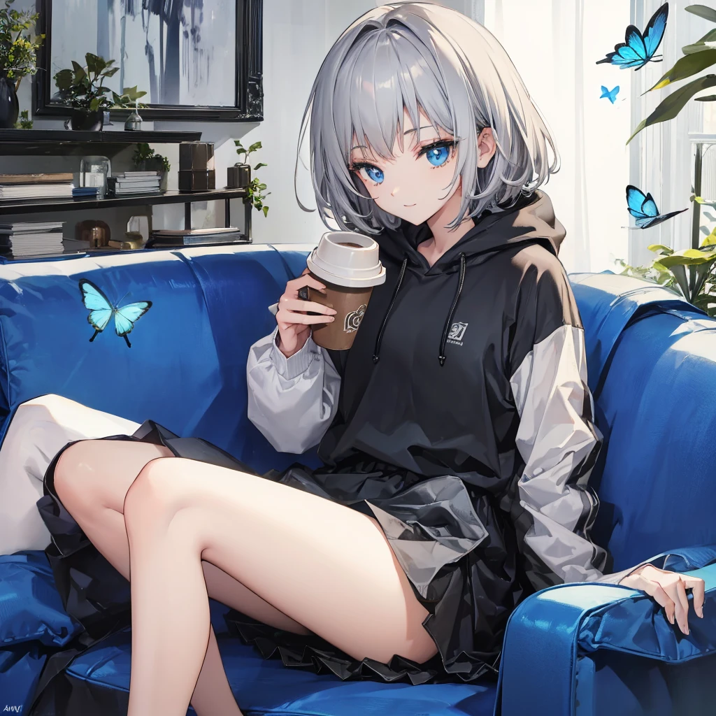 (((1 person Gray Hair Sit on the sofa blue eyes))) ((High resolution short hair hoodie Black Skirt Rin々Funny face)) ((Close-up)) ((Blue Butterfly Asahi Shining Aura Catch the wind Holding a cup Drink coffee)) (smile Bathed in light) Shining Background Shining Edge