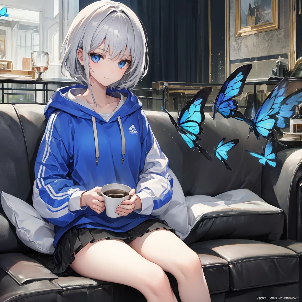 (((1 person　Gray Hair　Sit on the sofa　blue eyes)))　((High resolution　short hair　hoodie　Black Skirt　Rin々Funny face))　((Close-up))　((Blue Butterfly　Asahi　Shining Aura　Catch the wind　Holding a cup　Drink coffee))　(smile　Bathed in light)　Shining Background　Shining Edge