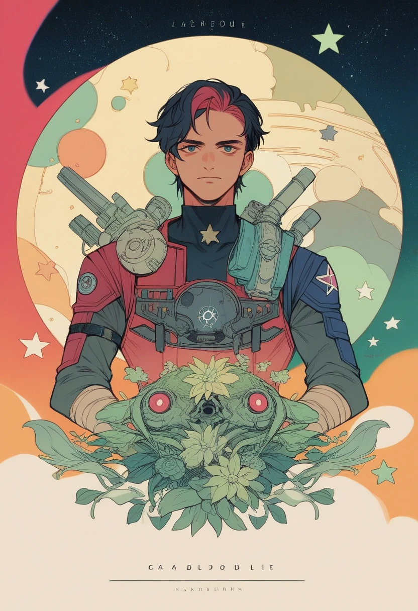 Anime-style poster、It depicts two contrasting planets and a near-future space landscape ,One planet is dark and dead, The other is bright and lively. Different planets and stars on background、Gives the viewer a sense of endless space and adventure waiting for the protagonist. Gentle colors