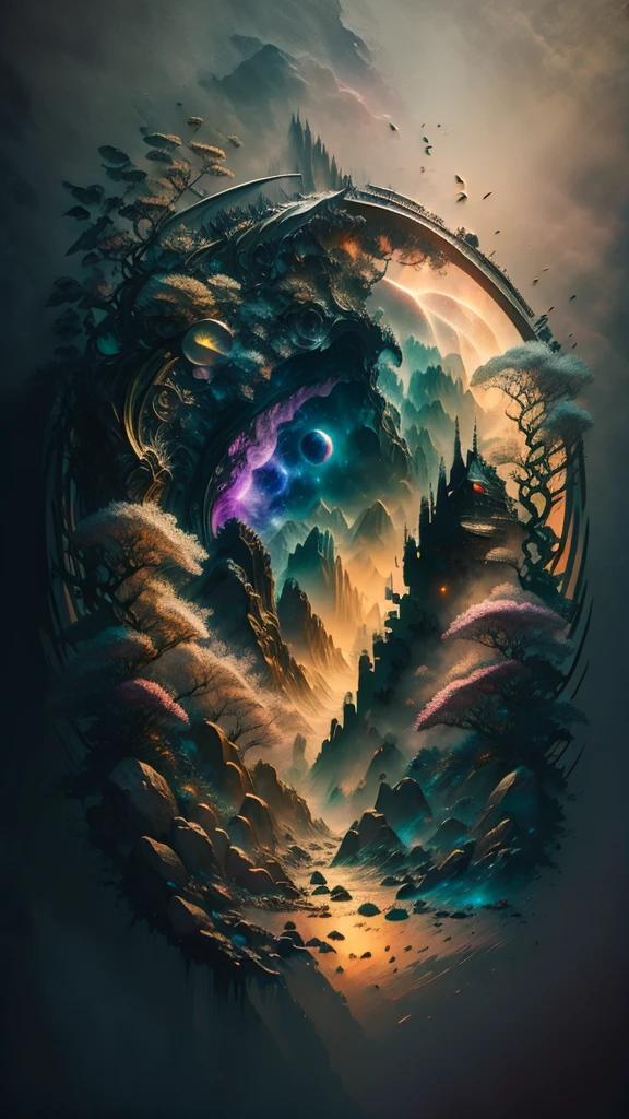 Art of Luis Royo, surrealistic dreams, space, alien, future, live forever, magic, watercolor, ink, acrylic, double exposure, futuristic, fantasy, great detail, mid-night, moon, fog, gothic gloom, art on a cracked paper, storybook detailed illustration, cinematic, ultra highly detailed, tiny details, beautiful details, mystical, luminism, vibrant colors