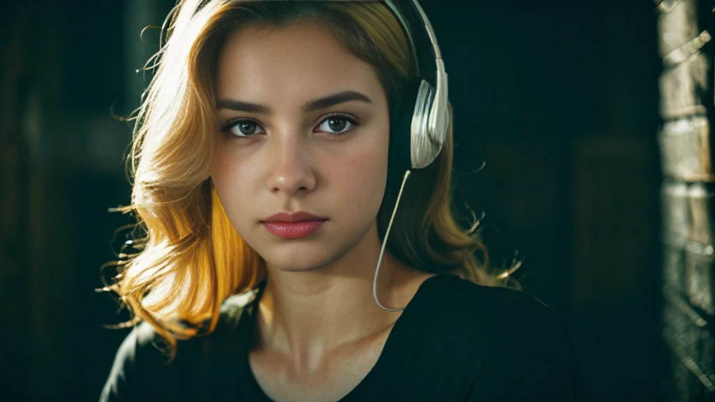 Beautiful blonde with big breasts in a black T-shirt (Sitting in tears in the dark ruins),Wearing headphones,Very detailed, 21 years old, Innocent face, Naturally Wavy Hair, blue eyes, High resolution, masterpiece, Highest quality, Intricate details, Very detailed, Clear focus, Delicate skin, practical skin texture, texture, Delicate eyes, Professional, 4K, Sad crying face, Shot with Canon, 85mm, Shallow and deep,  Kodak Vision Color, Exactly, Very detailed, photograph_\(Extremist\), photographpractical, practical, Post-processing, Maximum details, Roughness, Real Life, Extremist practical, Photorealism, photographgraphy, 8K Ultra HD, photographgraphy