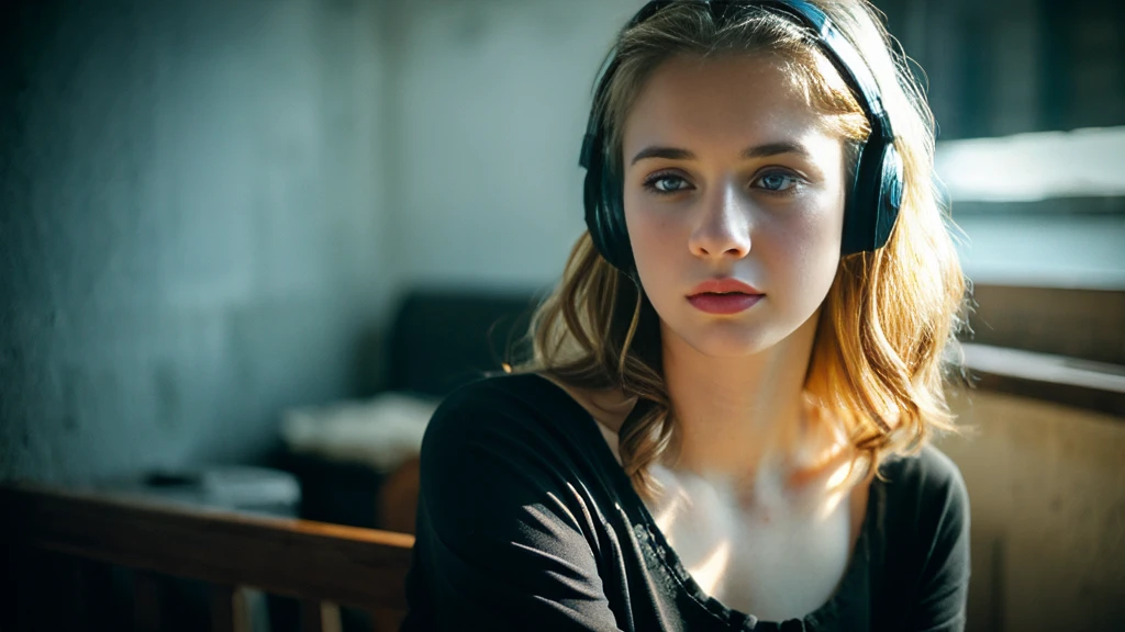 Beautiful blonde with big breasts in a black T-shirt (Sitting in tears in the dark ruins),Wearing headphones,Very detailed, 21 years old, Innocent face, Naturally Wavy Hair, blue eyes, High resolution, masterpiece, Highest quality, Intricate details, Very detailed, Clear focus, Delicate skin, practical skin texture, texture, Delicate eyes, Professional, 4K, Sad crying face, Shot with Canon, 85mm, Shallow and deep, Kodak Vision Color, Exactly, Very detailed, photograph_\(Extremist\), photographpractical, practical, Post-processing, Maximum details, Roughness, Real Life, Extremist practical, Photorealism, photographgraphy, 8K Ultra HD, photographgraphy
