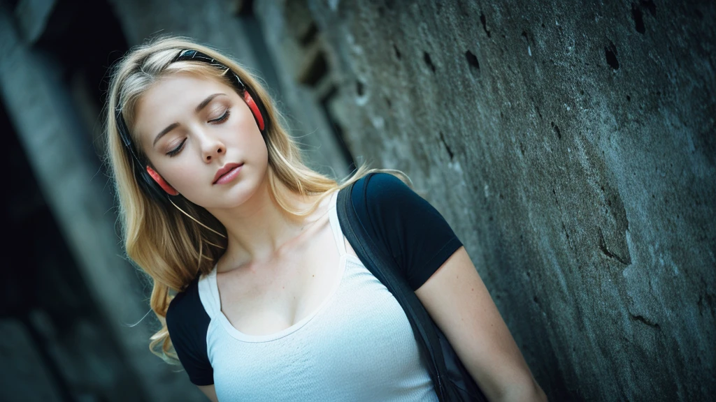 Beautiful blonde with big breasts in a black T-shirt (I sit in the dark ruins with my eyes closed and tears streaming down my face),Wearing headphones,Very detailed, 21 years old, Innocent face, Naturally Wavy Hair, blue eyes, High resolution, masterpiece, Highest quality, Intricate details, Very detailed, Clear focus, Delicate skin, practical skin texture, texture, Delicate eyes, Professional, 4K, Sad crying face, Shot with Canon, 85mm, Shallow and deep,  Kodak Vision Color, Exactly, Very detailed, photograph_\(Extremist\), photographpractical, practical, Post-processing, Maximum details, Roughness, Real Life, Extremist practical, Photorealism, photographgraphy, 8K Ultra HD, photographgraphy