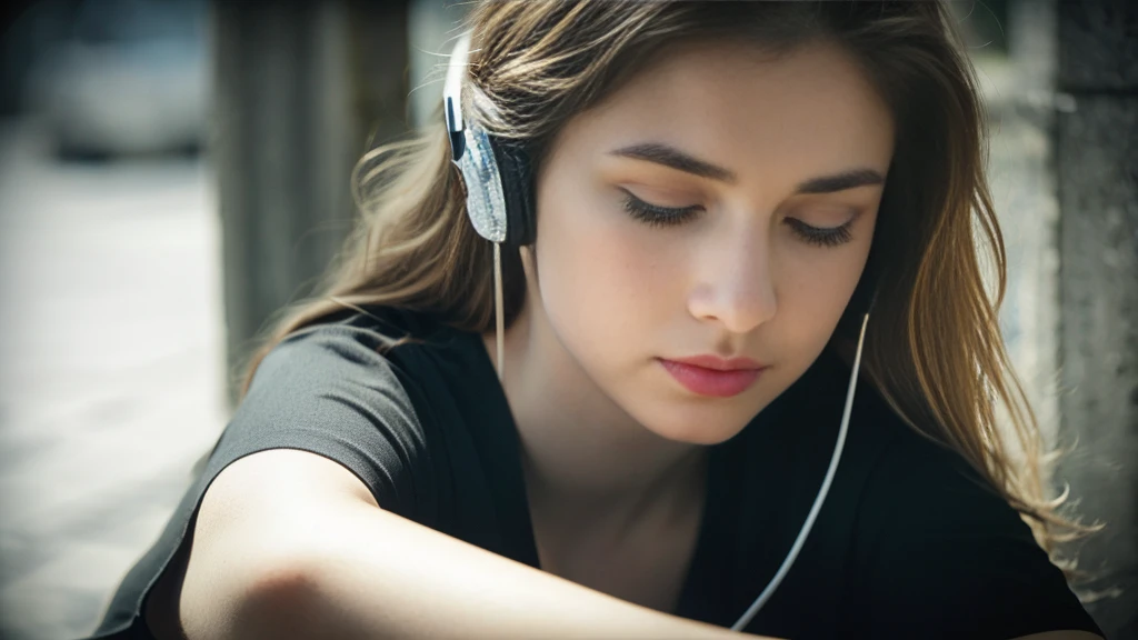 Beautiful blonde with big breasts in a black T-shirt (I sit in the dark ruins with my eyes closed and tears streaming down my face),Wearing headphones,Very detailed, 21 years old, Innocent face, Naturally Wavy Hair, blue eyes, High resolution, masterpiece, Highest quality, Intricate details, Very detailed, Clear focus, Delicate skin, practical skin texture, texture, Delicate eyes, Professional, 4K, Sad crying face, Shot with Canon, 85mm, Shallow and deep,  Kodak Vision Color, Exactly, Very detailed, photograph_\(Extremist\), photographpractical, practical, Post-processing, Maximum details, Roughness, Real Life, Extremist practical, Photorealism, photographgraphy, 8K Ultra HD, photographgraphy