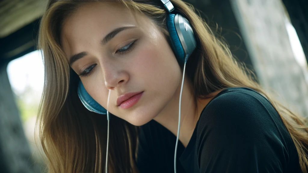 Beautiful blonde with big breasts in a black T-shirt (I sit in the dark ruins with my eyes closed and tears streaming down my face),Wearing headphones,Very detailed, 21 years old, Innocent face, Naturally Wavy Hair, blue eyes, High resolution, masterpiece, Highest quality, Intricate details, Very detailed, Clear focus, Delicate skin, practical skin texture, texture, Delicate eyes, Professional, 4K, Sad crying face, Shot with Canon, 85mm, Shallow and deep, Kodak Vision Color, Exactly, Very detailed, photograph_\(Extremist\), photographpractical, practical, Post-processing, Maximum details, Roughness, Real Life, Extremist practical, Photorealism, photographgraphy, 8K Ultra HD, photographgraphy
