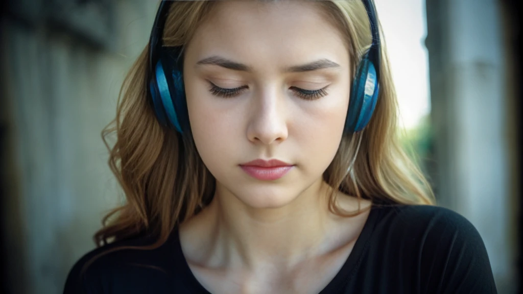 Beautiful blonde with big breasts in a black T-shirt (I sit in the dark ruins with my eyes closed and tears streaming down my face),Wearing headphones,Very detailed, 21 years old, Innocent face, Naturally Wavy Hair, blue eyes, High resolution, masterpiece, Highest quality, Intricate details, Very detailed, Clear focus, Delicate skin, practical skin texture, texture, Delicate eyes, Professional, 4K, Sad crying face, Shot with Canon, 85mm, Shallow and deep,  Kodak Vision Color, Exactly, Very detailed, photograph_\(Extremist\), photographpractical, practical, Post-processing, Maximum details, Roughness, Real Life, Extremist practical, Photorealism, photographgraphy, 8K Ultra HD, photographgraphy