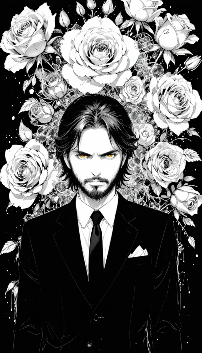 (Anime line drawing:1.5),(Black and White:1.45),Minimalism,(Line Art:1.6),sketch,charcoal drawing,in style of Nick Veasey,by Hirohiko Araki,
BREAK
 (((loosing black tie))), (masterpiece, best quality:1.4), portrait Solo, 30 years man, beard, european, brown eyes, serious eyes, black suit, brown medium hair, shoulder-length hair,wavy hair, sharp eyes
BREAK
(bloom:1.3),(full bloom:1.3),dodgerblue Rose,Ominous Red,the energy atmosphere of the grim reaper,
BREAK
(Blood splatter:1.3),(paint splatter:1.2),(dripping paint:1.2),insanely detailed and intricate, hypermaximalist, elegant, ornate, hyper realistic, super detailed