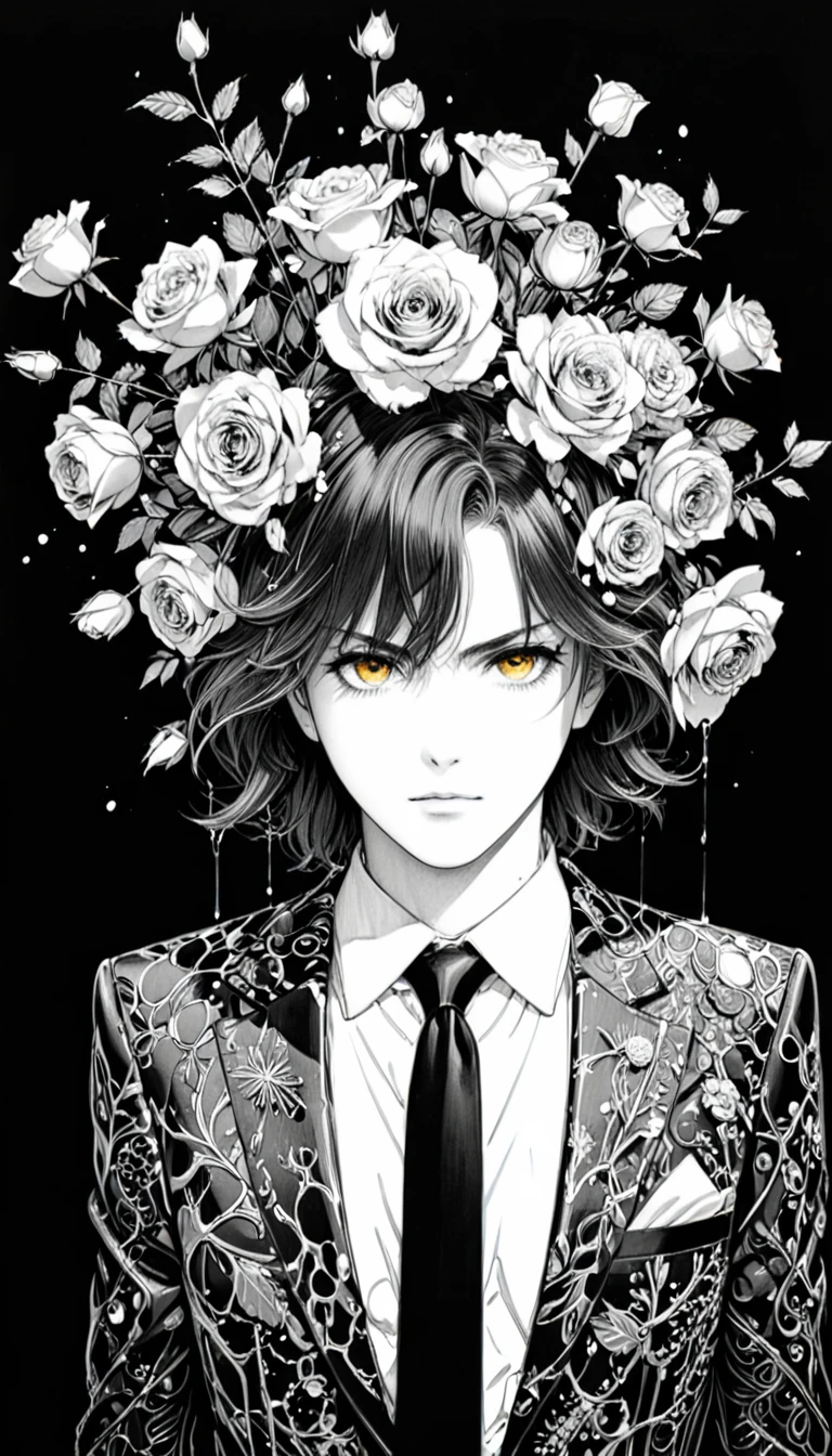 (Anime line drawing:1.5),(Black and White:1.45),Minimalism,(Line Art:1.6),sketch,charcoal drawing,in style of Nick Veasey,by Hirohiko Araki,
BREAK
(((loosing black tie))), (masterpiece, best quality:1.4), portrait Solo, 30 years man, beard, european, brown eyes, serious eyes, black suit, brown medium hair, shoulder-length hair,wavy hair, sharp eyes
BREAK
(bloom:1.3),(full bloom:1.3),dodgerblue Rose,Ominous Red,the energy atmosphere of the grim reaper,
BREAK
(Blood splatter:1.3),(paint splatter:1.2),(dripping paint:1.2),insanely detailed and intricate, hypermaximalist, elegant, ornate, hyper realistic, super detailed