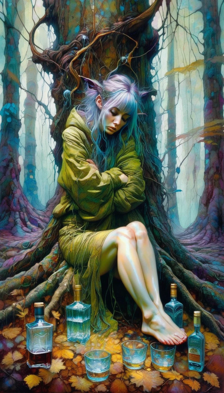 a dejected woman sitting at the bottom of a tree in a magical forest, three cups of liquor on the ground,(art inspired by Brian Froud and Carne Griffiths and Wadim Kashin, intricate details, oil painting)