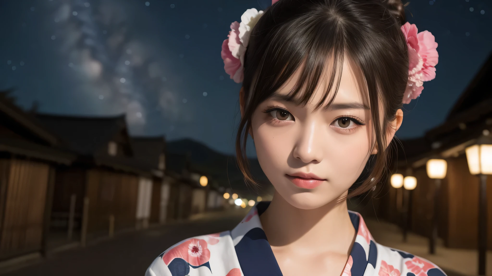 (1women), bun hair, (round eyes:1.2), (highly detailed face), (extremely detailed beautiful face), (floral pattern yukata), (Best Quality:1.4), (Ultra-detailed), extremely detailed CG unified 8k wallpaper, Realistic portrait, Beautiful detailed, High-definition raw color photos, professional photography, night sky, tanzaku, (Japan's Tanabata, Tanabata night), tanzaku, beautiful milky way, (fine face:1.2), focus on women