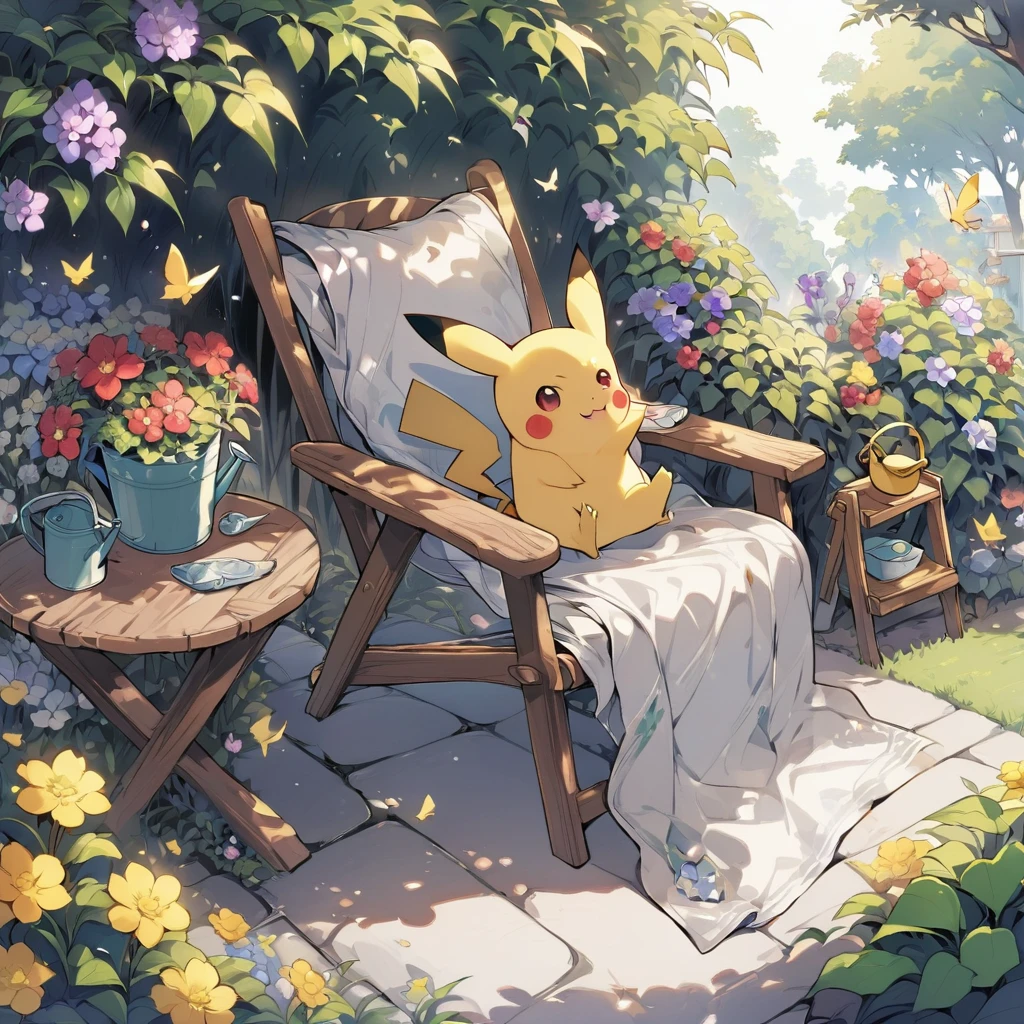 Draw a delightful illustration of Pikachu relaxing in a garden chair. Pikachu should be surrounded by blooming flowers and greenery, sitting comfortably with a smile. Include details like a watering can, garden tools, and butterflies flying around. The overall vibe should be fresh and lively.
