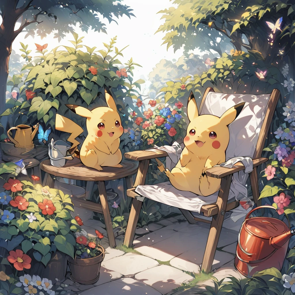 Draw a delightful illustration of Pikachu relaxing in a garden chair. Pikachu should be surrounded by blooming flowers and greenery, sitting comfortably with a smile. Include details like a watering can, garden tools, and butterflies flying around. The overall vibe should be fresh and lively.