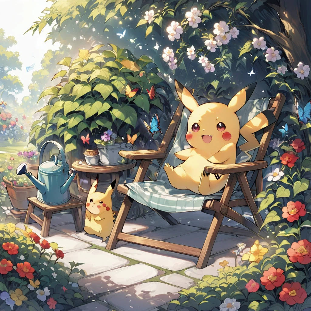 Draw a delightful illustration of Pikachu relaxing in a garden chair. Pikachu should be surrounded by blooming flowers and greenery, sitting comfortably with a smile. Include details like a watering can, garden tools, and butterflies flying around. The overall vibe should be fresh and lively.
