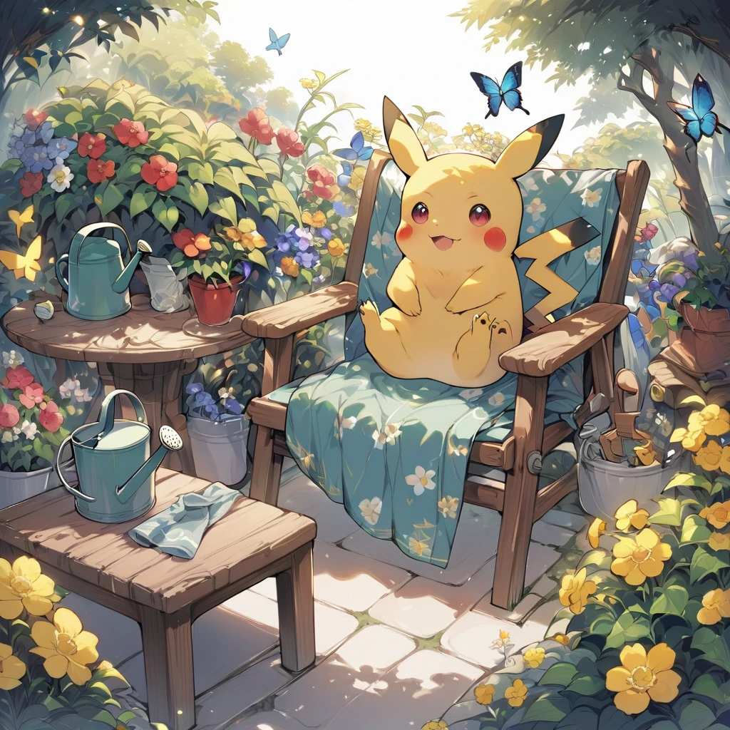 Draw a delightful illustration of Pikachu relaxing in a garden chair. Pikachu should be surrounded by blooming flowers and greenery, sitting comfortably with a smile. Include details like a watering can, garden tools, and butterflies flying around. The overall vibe should be fresh and lively.