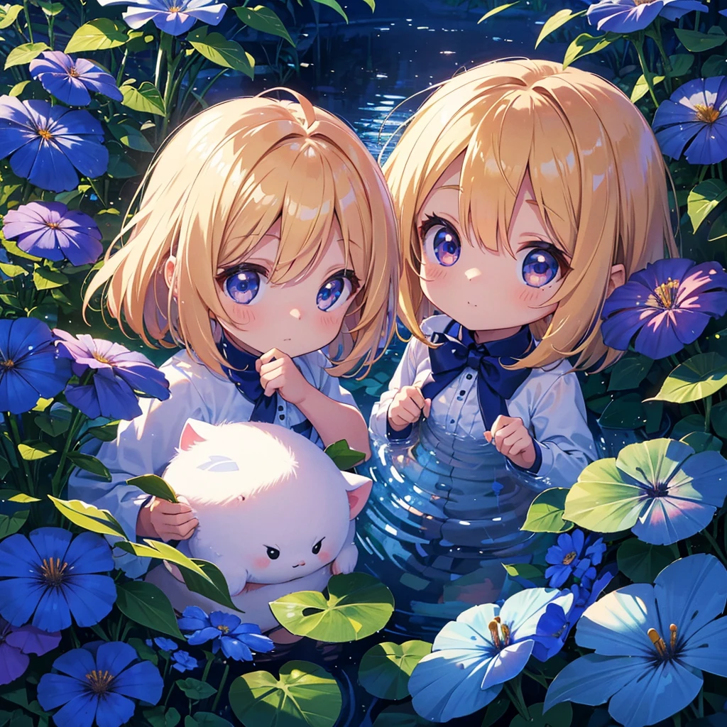 Ultra-definition, ultra-high resolution, 64k, masterpiece, highest quality, beautiful eyes in every detail, high-resolution background, bright and beautiful atmosphere, 3 girls (2 years old, 1 short-tempered round face), Chibi (1 child) ( Hair)), surface effect), color effect), small breasts, blonde hair, early morning, morning glories blooming brightly, a girl looking happily at the morning glories, many mini pigs looking at the morning glories with curious faces, very beautiful Asahi, deltamon_sdXL:0.73) >Deltamon Negative Prompt