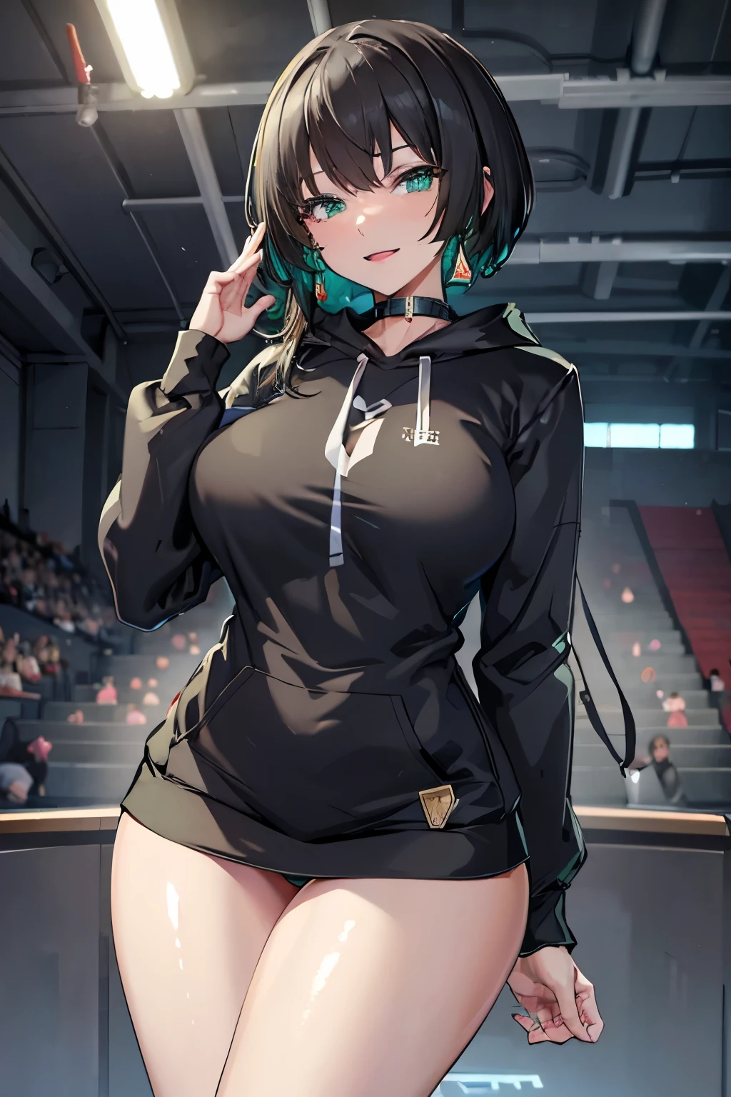masterpiece, Highest quality, 1 person,( Large Breasts,Are standing, View your audience,),Detailed Background、A person who writes in detail、Accurate human body、Knowledgeable person、Accurate 5-finger,Mature Woman,Thighsが太い,Cruby Body,allmind,Long sleeve、Thighs、alone,((Oversized hoodie,)),