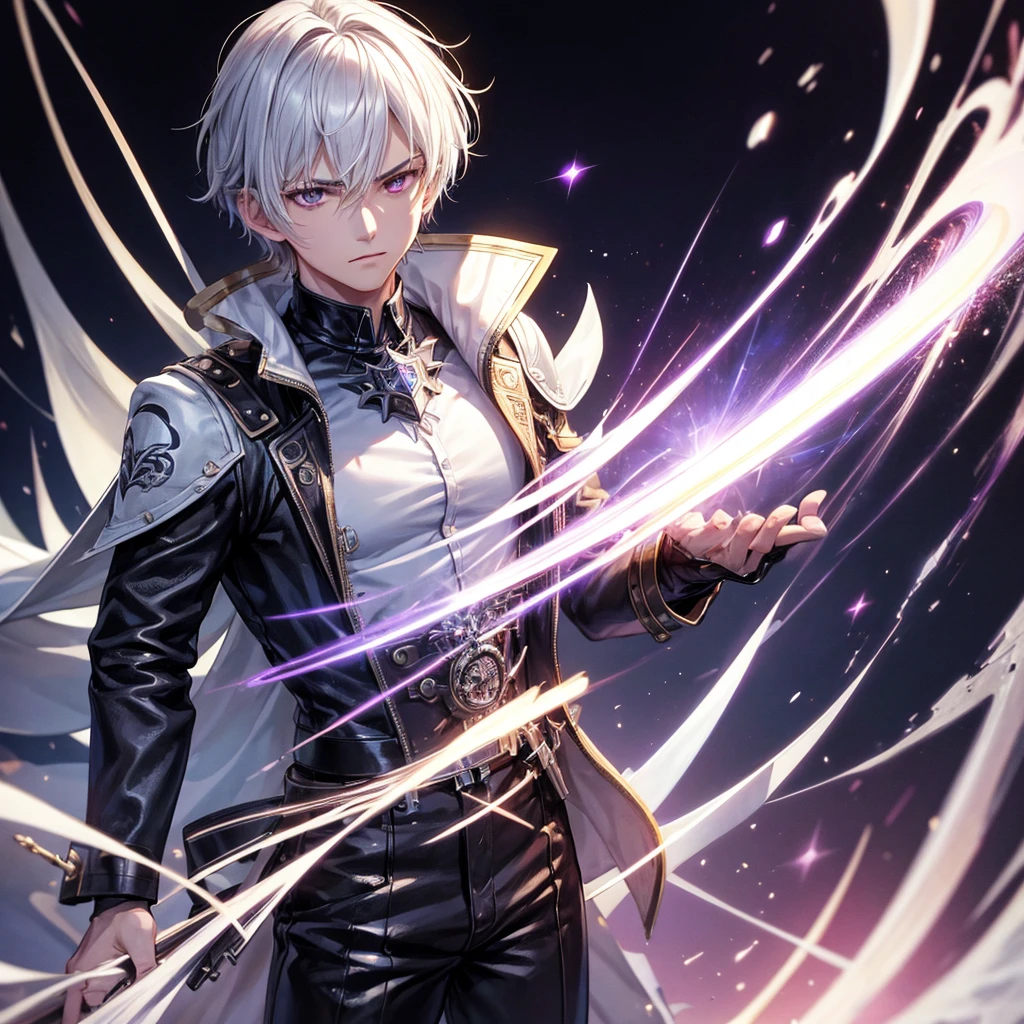 High quality, HD, 4k, no shadows, handsome male, 1male, 17 years old, teenager, golden lining, short white hair, sharp eyes, dark purple eyes, deep purple eyes, devil may cry, close up, calm expression, stoic expression, black leather clothes, white leather clothing, lean body, well trained body, upper body, looking at viewer, cowboy shot, white solar, space background