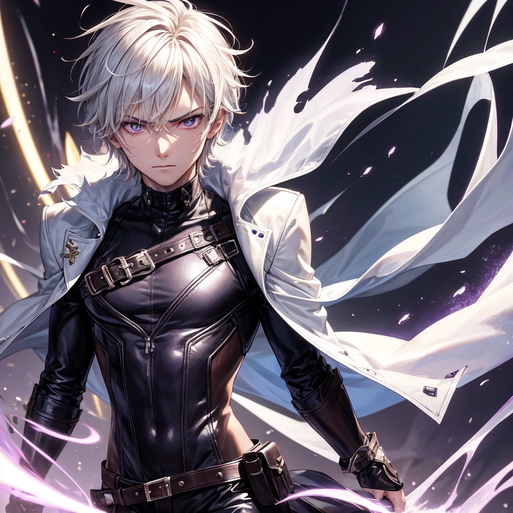 High quality, HD, 4k, no shadows, handsome male, 1male, 17 years old, teenager, golden lining, short white hair, sharp eyes, dark purple eyes, deep purple eyes, devil may cry, close up, calm expression, stoic expression, black leather clothes, white leather clothing, lean body, well trained body, upper body, looking at viewer, cowboy shot, white solar, space background