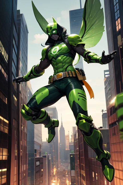 ((best quality)), ((masterpiece)), (detailed), 1 male, full body, 25 years old, masked, lemon green mask covering his entire head, smooth head, mask covering his mouth, 1 small crest on his head, oxygen mask, gas mask, angry expression, black collar, tall and strong, very athletic, green fly wings, grey details, green fingerless gloves, green wrist guards, lemon green nanotech suit resembling light armor, lemon green chest with an emblem, orange fly emblem on his chest, fly, green pants, green knee pads, metallic green boots, orange superhero belt, flying around a building, city background, anime