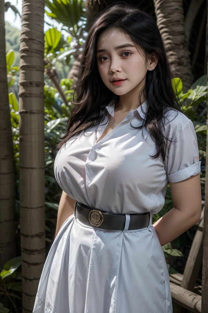 (((Ultra-HD-quality-details))) ,1girl, SLEEPY eyes, long hair, MESSY hair, cewe-sma, from fitting, white shirt, gray skirt, belt, looking at viewer, SHOCKED EXPRESSION, arms behind back, nature, hair ornament, HIGHRES, JUNGLE, BIG BOOB, Perfect breast