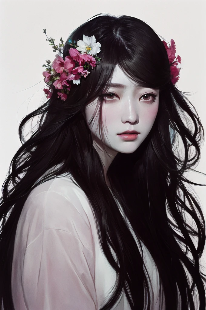 painting of a woman with a flower in her hair, artwork in the style of guweiz, a beautiful artwork illustration, by Russell Dongjun Lu, inspired by Yanjun Cheng, inspired by Russell Dongjun Lu, by Yanjun Cheng, inspired by Hsiao-Ron Cheng, james jean and wlop, jinyoung shin art, by Jin Nong