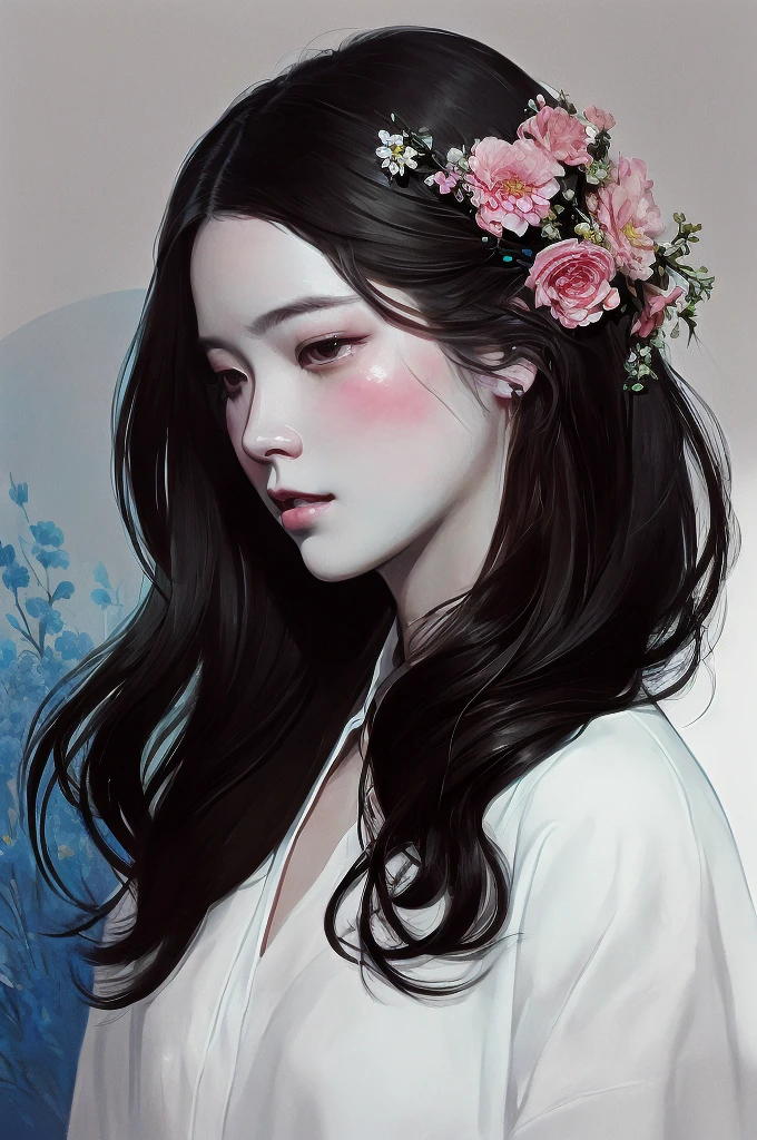 painting of a woman with a flower in her hair, artwork in the style of guweiz, a beautiful artwork illustration, by Russell Dongjun Lu, inspired by Yanjun Cheng, inspired by Russell Dongjun Lu, by Yanjun Cheng, inspired by Hsiao-Ron Cheng, james jean and wlop, jinyoung shin art, by Jin Nong