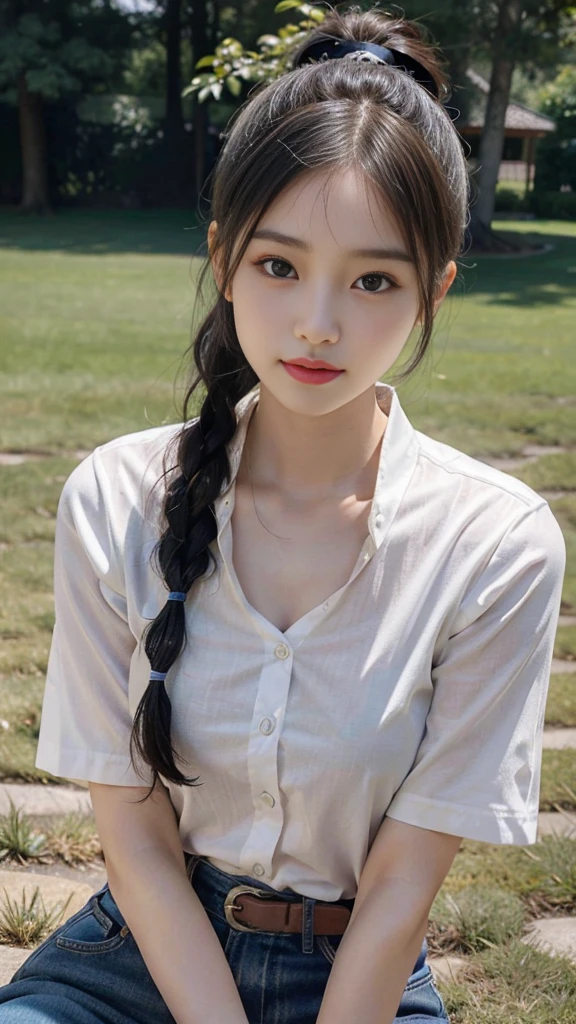 White collared shirt,jeans,Park,On the lawn,Close up face,One woman,masutepiece, The highest image quality, High quality, the background is clear,Beautiful woman, Japanese,Ultra-detailed, finely detail, hight resolution, 8K Wallpaper, Perfect dynamic composition, Beautiful detailed eyes , Detailed, Detailed eyes, Detailed skin, Beautiful skin, 超hight resolution, (reality: 1.4),Very beautiful woman, Slightly younger face, Beautiful skin, slender, (Ultra photo realsisim), (hight resolution), (8K), (Very detailed) (beautifully detailed eyes), (super detailed), (Detailed face), view the viewer, Fine details, Detailed face, Staring straight ahead, Staring straight ahead, photos realistic, Bright lighting, Professional Lighting, Black hair,poneyTail,a baby face,fourteen years old,Hairstyle: ponytail,Long ponytail hairstyle,slight smile,neat and tidy clothing,Beautiful Japanese KPOP idol photo, hair style is ponytail, my eyes are double and wide, baby face, smile and look straight ahead, slender, small breasts,Close up face,