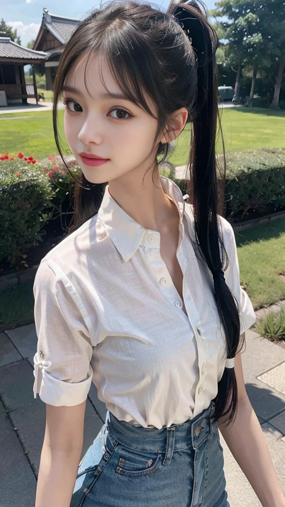 White collared shirt,jeans,Park,On the lawn,Close up face,One woman,masutepiece, The highest image quality, High quality, the background is clear,Beautiful woman, Japanese,Ultra-detailed, finely detail, hight resolution, 8K Wallpaper, Perfect dynamic composition, Beautiful detailed eyes , Detailed, Detailed eyes, Detailed skin, Beautiful skin, 超hight resolution, (reality: 1.4),Very beautiful woman, Slightly younger face, Beautiful skin, slender, (Ultra photo realsisim), (hight resolution), (8K), (Very detailed) (beautifully detailed eyes), (super detailed), (Detailed face), view the viewer, Fine details, Detailed face, Staring straight ahead, Staring straight ahead, photos realistic, Bright lighting, Professional Lighting, Black hair,poneyTail,a baby face,fourteen years old,Hairstyle: ponytail,Long ponytail hairstyle,slight smile,neat and tidy clothing,Beautiful Japanese KPOP idol photo, hair style is ponytail, my eyes are double and wide, baby face, smile and look straight ahead, slender, small breasts,Close up face,