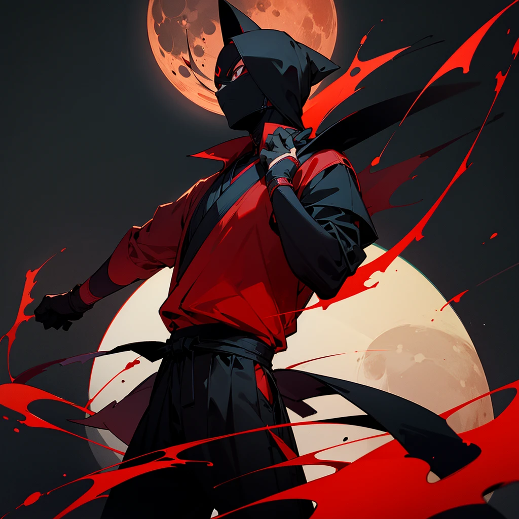 Telegram channel logo for music. Black background , red moon on a black background,a masked ninja stands against the background of the moon,stands exactly,belted katana, Looking Ahead,in black anime style.