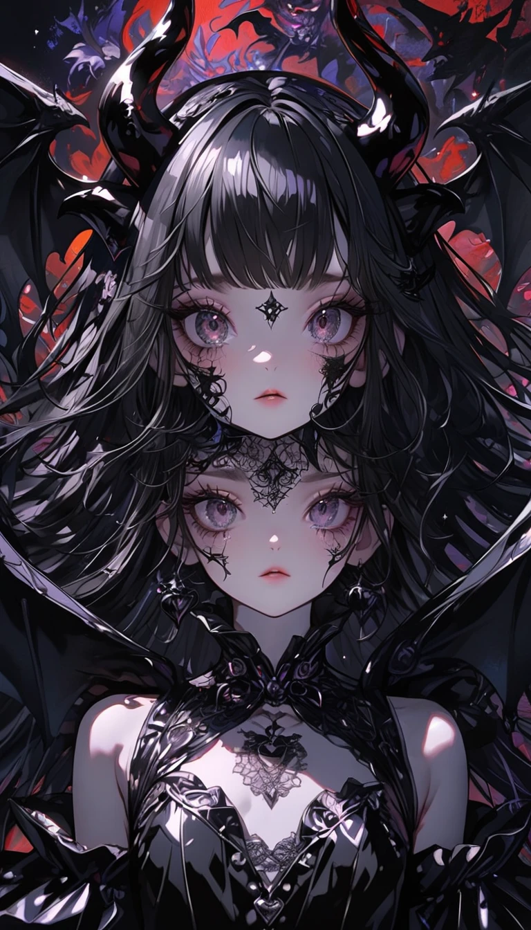 (Maximalism:1.5),(absurdres:1.5), (highres), (best quality:1.1), (ultra-detailed:1.1), (an extremely delicate and beautiful), 1 girl, (beautiful face), (detailed face), Devil,transparent black hair, long hair, devil horns, Devil's Wings, flat chest, black gothic dress, beautiful face, (detailed face), portfolio, clear black hair, long hair, black darkness stirring background, glitter,( Zentangle:1.2),