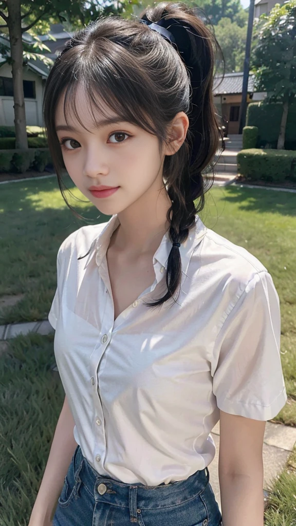 White collared shirt,jeans,Park,On the lawn,Close up face,One woman,masutepiece, The highest image quality, High quality, the background is clear,Beautiful woman, Japanese,Ultra-detailed, finely detail, hight resolution, 8K Wallpaper, Perfect dynamic composition, Beautiful detailed eyes , Detailed, Detailed eyes, Detailed skin, Beautiful skin, 超hight resolution, (reality: 1.4),Very beautiful woman, Slightly younger face, Beautiful skin, slender, (Ultra photo realsisim), (hight resolution), (8K), (Very detailed) (beautifully detailed eyes), (super detailed), (Detailed face), view the viewer, Fine details, Detailed face, Staring straight ahead, Staring straight ahead, photos realistic, Bright lighting, Professional Lighting, Black hair,poneyTail,a baby face,fourteen years old,Hairstyle: ponytail,Long ponytail hairstyle,slight smile,neat and tidy clothing,Beautiful Japanese KPOP idol photo, hair style is ponytail, my eyes are double and wide, baby face, smile and look straight ahead, slender, small breasts,Close up face,