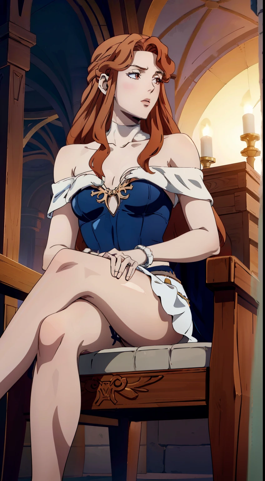 ((foto de corpo inteiro)), ((foto realista)), 1 girl, (colete: 1.2), 8k, high-res, pele finamente detalhada, lingerie, seios enormes, lenore from castlevania, vampire, red hair, skirt, legs, heels, dominant, low angle, upskirt, skinny, toned, smaller body, thin waist, from below, crossed legs, highly detailed realisticly proportioned legs, skirt