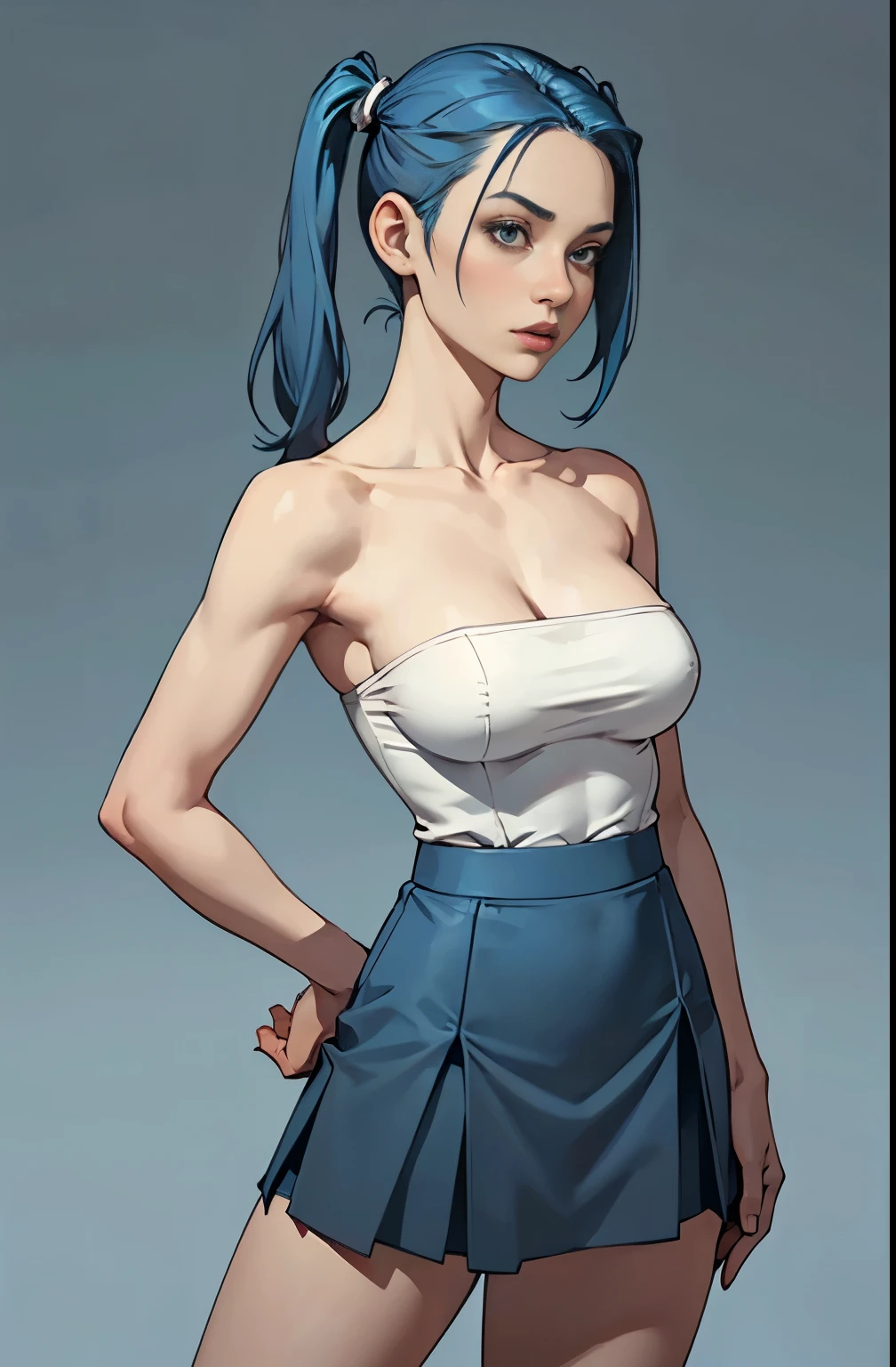 girl, hot, portrait, medium breasts, slim, blue hair, high pigtail, pale skin, hot, soft or colored lips, blue strapless, blue short skirt, simple bottom, plain colors, perfect hands, perfect anatomy